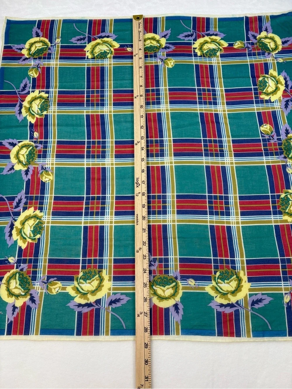 Vintage Kenzo Tokyo Cotton Scarf Plaid Teal Yellow Floral 28” Japan